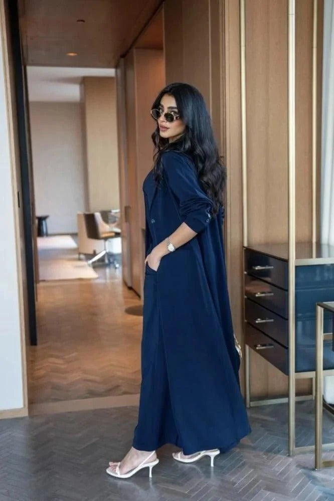 Navy Blue Blazer Abaya: A sophisticated blend of the majesty of a blazer and the elegance of an abaya, in a luxurious navy blue color that adds depth and presence to your look. - Image 3