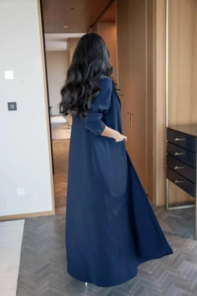 Navy Blue Blazer Abaya: A sophisticated blend of the majesty of a blazer and the elegance of an abaya, in a luxurious navy blue color that adds depth and presence to your look. - Image 4