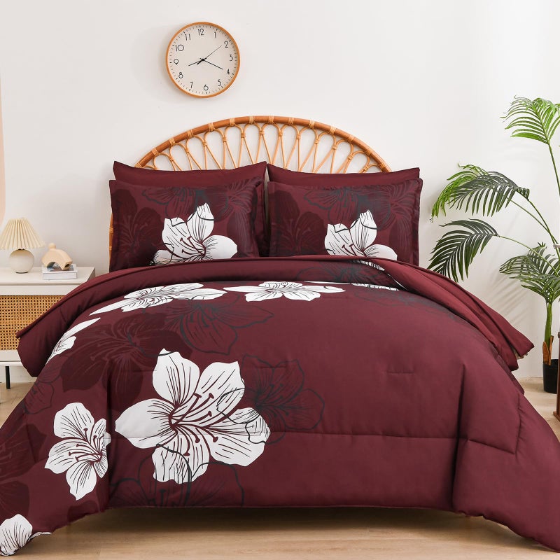 Luxudecor 7 Pieces Queen Size Comforter Set Burgundy Floral Bed in a Bag Comforter and Sheet Set Soft Microfiber Lightweight Bedding Set for All Season 9090