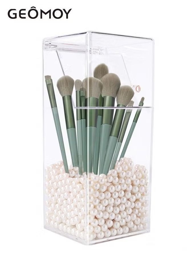 Geomoy 13pcs Makeup Brush & Holder with Lid Acrylic, Dustproof Cosmetic Organizer Makeup Brush Holder Storage Case Box With White Pearl for Bathroom, Dresser, Vanity and Countertop - Image 2