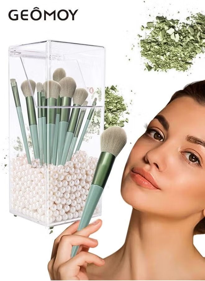 Geomoy 13pcs Makeup Brush & Holder with Lid Acrylic, Dustproof Cosmetic Organizer Makeup Brush Holder Storage Case Box With White Pearl for Bathroom, Dresser, Vanity and Countertop - Image 1