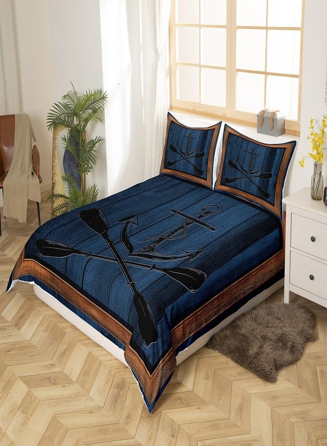 Castle Fairy Lake Life Bedding Set Queen Size,Nautical Anchor Paddle Print Duvet Cover Set for Children Adult,Navy Blue Wooden Board Rustic Plaid Soft Comforter Cover for Dorm Room, Zipper, Ties - Image 3