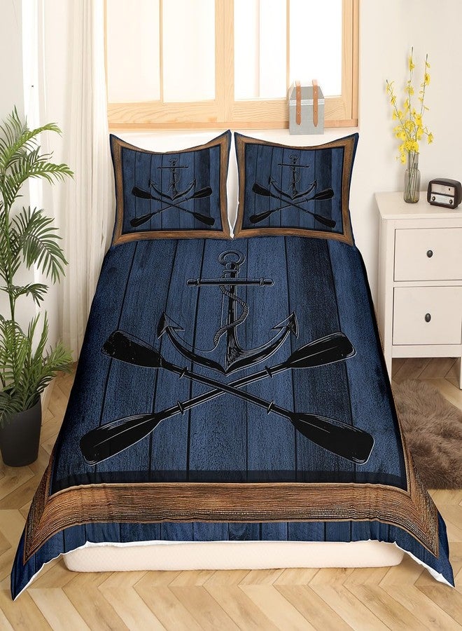 Castle Fairy Lake Life Bedding Set Queen Size,Nautical Anchor Paddle Print Duvet Cover Set for Children Adult,Navy Blue Wooden Board Rustic Plaid Soft Comforter Cover for Dorm Room, Zipper, Ties - Image 2