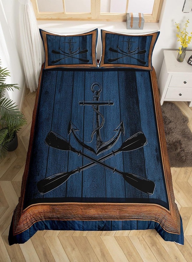 Castle Fairy Lake Life Bedding Set Queen Size,Nautical Anchor Paddle Print Duvet Cover Set for Children Adult,Navy Blue Wooden Board Rustic Plaid Soft Comforter Cover for Dorm Room, Zipper, Ties - Image 4