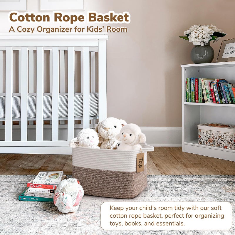 Goodpick Woven Storage Basket, Cotton Rope Baskets for Toys, Books, Small Baby Laundry Baskets with Handles, Rectangle Dog Toy Basket for Living Room, 13 x 10 x 9 Inches - Image 2