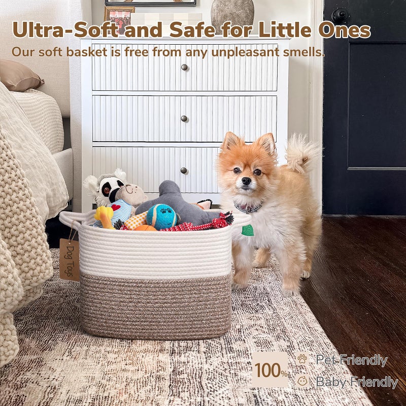 Goodpick Woven Storage Basket, Cotton Rope Baskets for Toys, Books, Small Baby Laundry Baskets with Handles, Rectangle Dog Toy Basket for Living Room, 13 x 10 x 9 Inches - Image 5