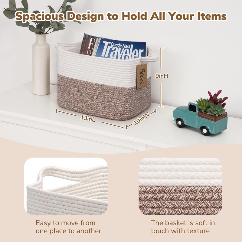 Goodpick Woven Storage Basket, Cotton Rope Baskets for Toys, Books, Small Baby Laundry Baskets with Handles, Rectangle Dog Toy Basket for Living Room, 13 x 10 x 9 Inches - Image 3