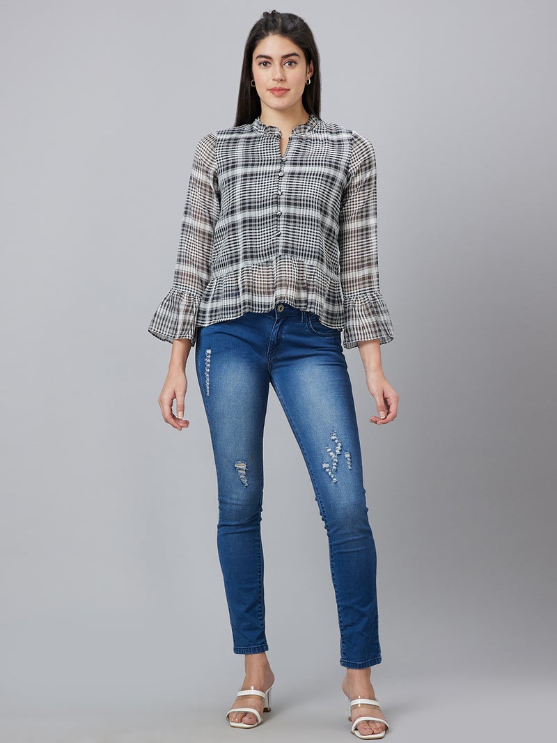 globus Globus Women Checked Mandarin Collar Bell Sleeve Shirt Style Top  - Image 2