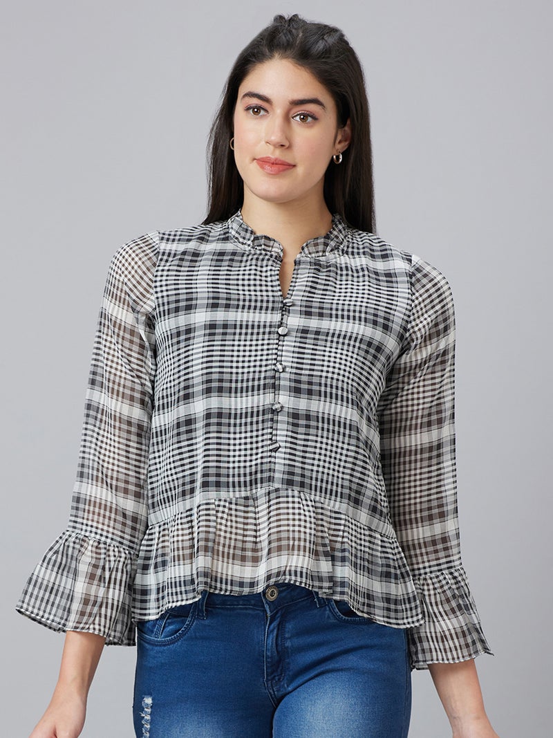 globus Globus Women Checked Mandarin Collar Bell Sleeve Shirt Style Top  - Image 1