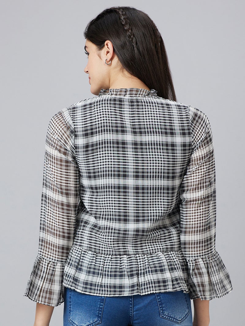 globus Globus Women Checked Mandarin Collar Bell Sleeve Shirt Style Top  - Image 3