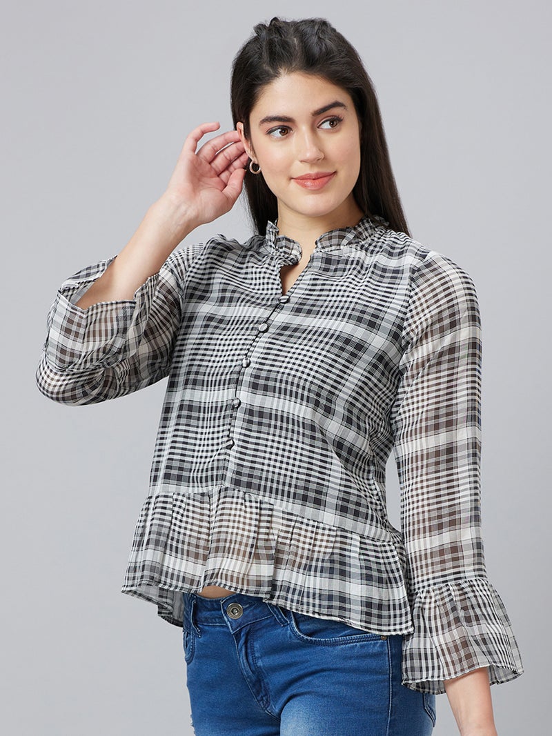 globus Globus Women Checked Mandarin Collar Bell Sleeve Shirt Style Top  - Image 4