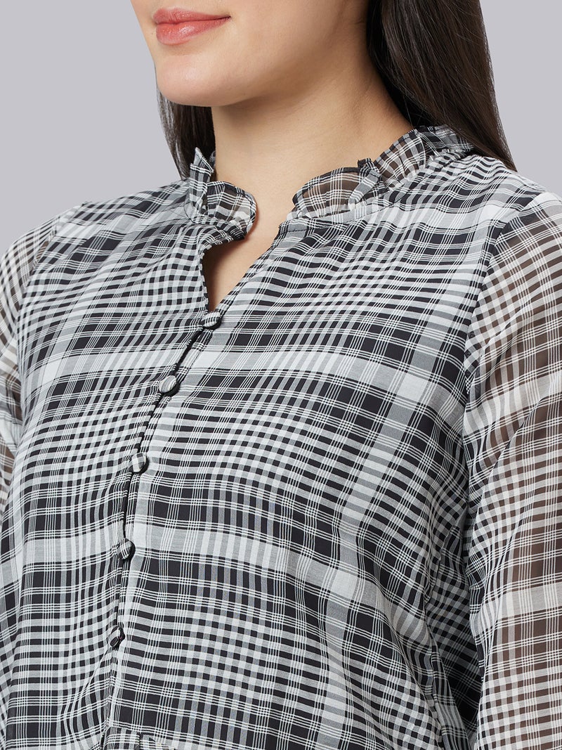 globus Globus Women Checked Mandarin Collar Bell Sleeve Shirt Style Top  - Image 5