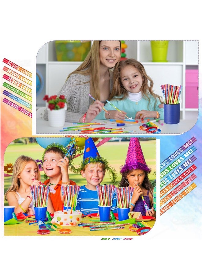 Zhanmai - 48 Pcs/24 Sets Jesus Loves Me Pencils Silicone Wristbands Set Religious Colorful Wooden Pencil Christian Bible Verse Rubber Wristbands For Church Sunday School Gift Classroom Reward - Image 1