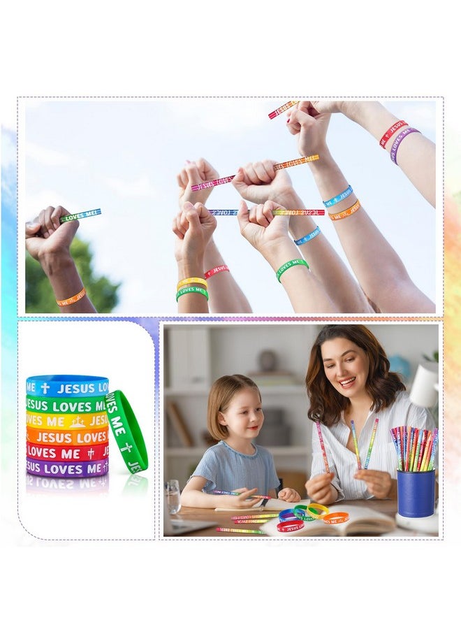 Zhanmai - 48 Pcs/24 Sets Jesus Loves Me Pencils Silicone Wristbands Set Religious Colorful Wooden Pencil Christian Bible Verse Rubber Wristbands For Church Sunday School Gift Classroom Reward - Image 1