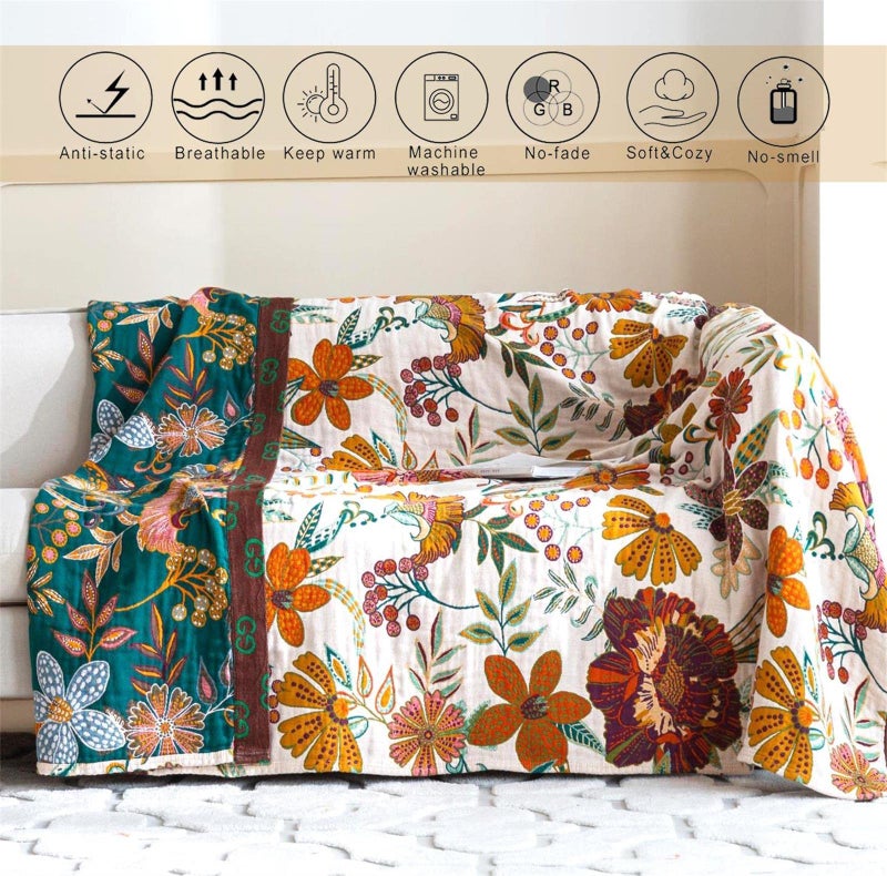 MSGKV Fall Throw Blanket for Couch Bed Chair, 100% Cotton Muslin Breathable Woven Throws 60''x 80'' Boho Vintage Quilt for All Seasons Warm Lightweight Farmhouse Blankets Home Decoration - Image 3