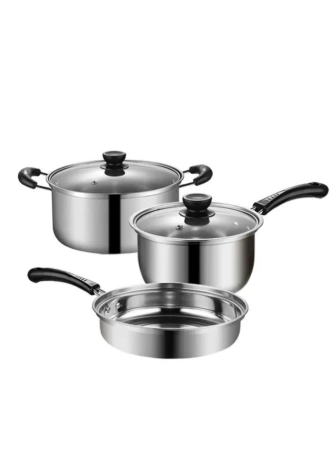 3 Piece Stainless Steel Cookware Set With Bakelite Handle Heavy Duty 201 Steel Pot Frying Pan Saucepan With Lids Induction Compatible Durable Kitchen Cookware For Stoves Small And Large Kitchens Ideal Gift For Cooks And Professional - Image 1