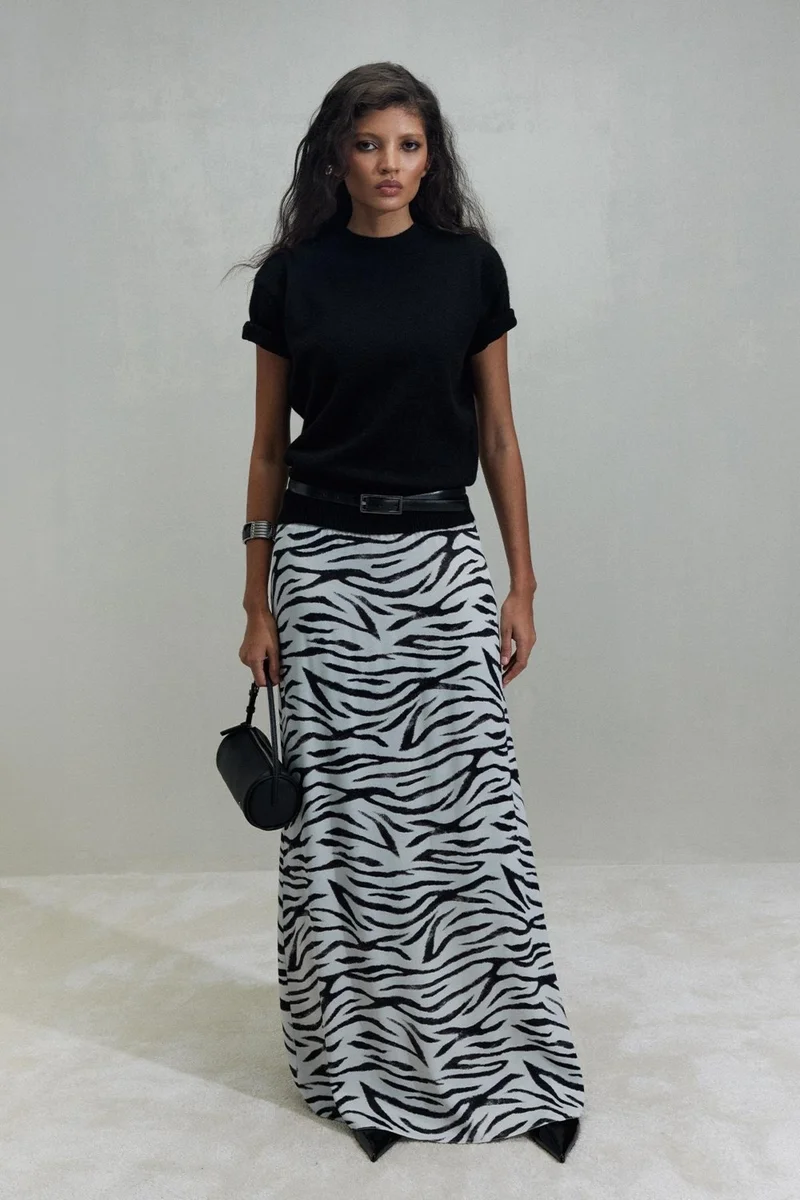 Suud Collection White Zebra Maxi Satin Skirt