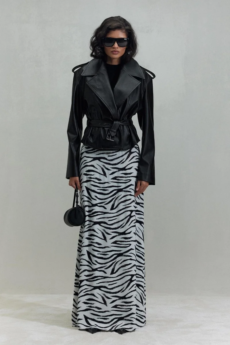 Suud Collection White Zebra Maxi Satin Skirt