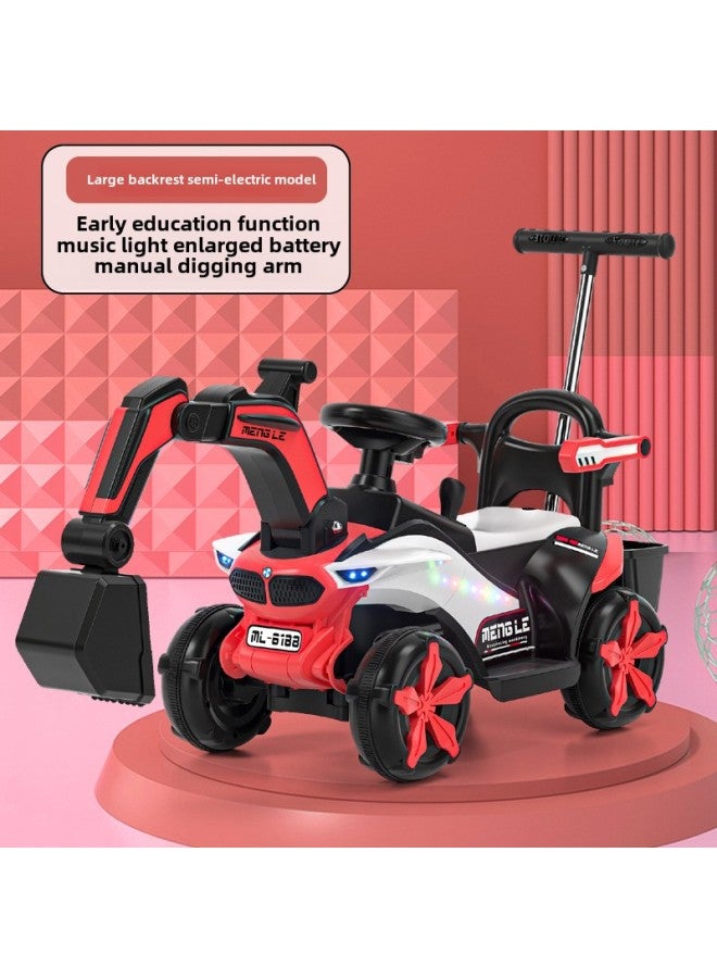 Children's Electric Excavator Toy Car Children's Seatable Hook Machine Engineering Car Large Boy Remote Control Excavator-Color:[Guardrail Electric/Sliding Dual-Purpose + Push Handle] Red ☆ Manual Digging Arm + Light Music-Proportion:Official Standard  - Image 1