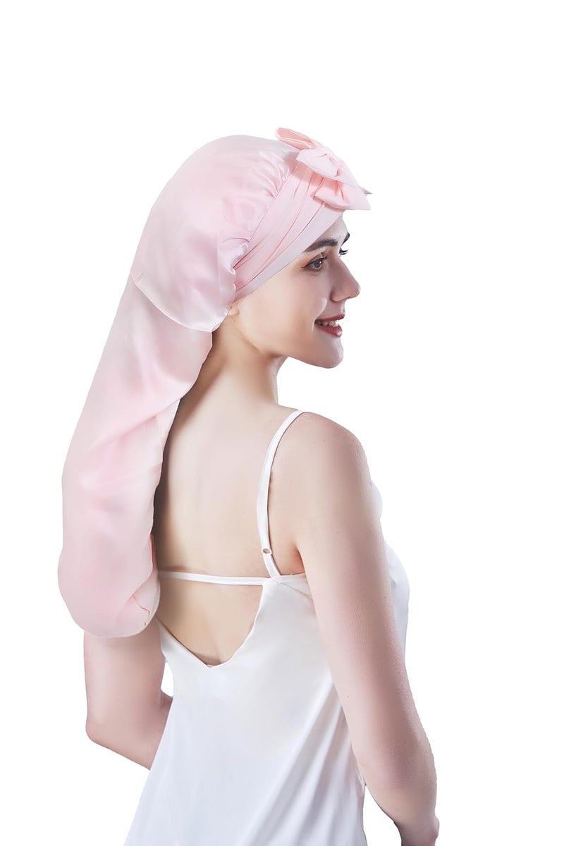 Cocheng Mulberry Silk Bonnet for Sleeping Long Silk Bonnet for Curly Hair Braids Bonnet for Women Silk Bonnet with Tie Band (pink)