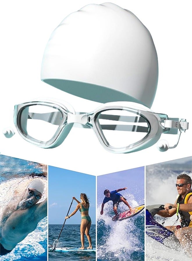 Generic Swim Goggles Swim Cap Anti Fog Swimming Goggles with Clear Lens No Leak UV Protection with Earplugs (White) - Image 1