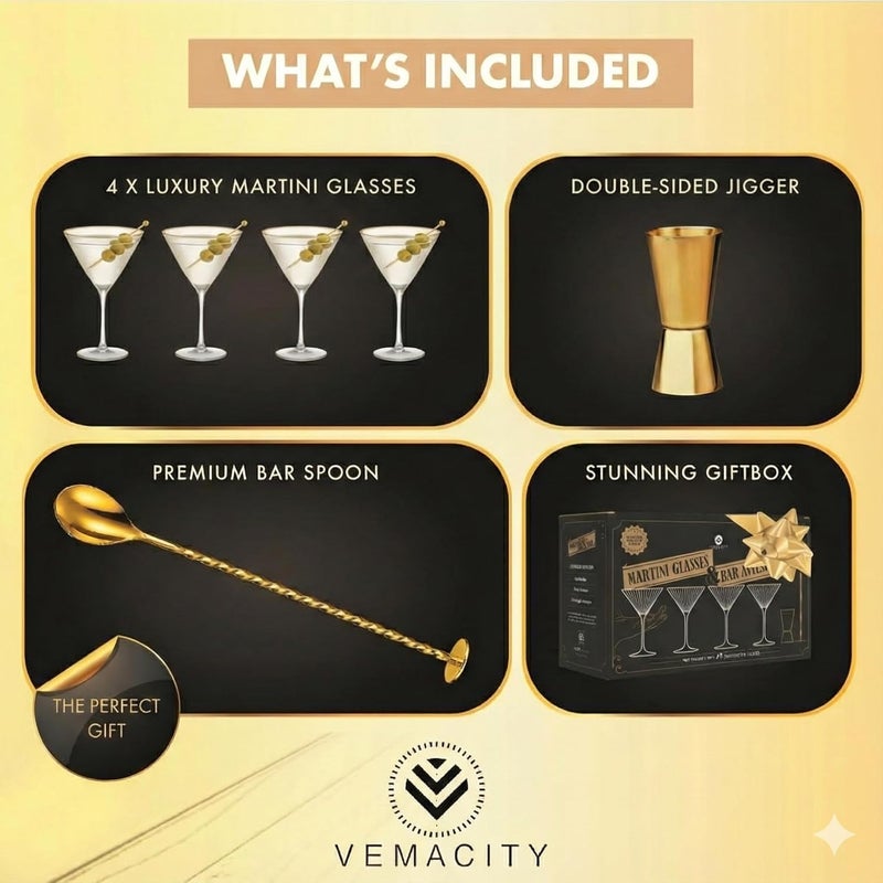 VEMACITY - Ribbed Espresso Martini Glasses Set of 4-8oz Gold Rim Cocktail Glasses with Bar Spoon and Jigger - For Margaritas, Cosmos & More | Ideal for Christmas & New Years - Image 2
