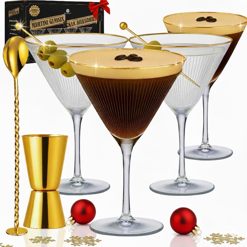 VEMACITY - Ribbed Espresso Martini Glasses Set of 4-8oz Gold Rim Cocktail Glasses with Bar Spoon and Jigger - For Margaritas, Cosmos & More | Ideal for Christmas & New Years - Image 1