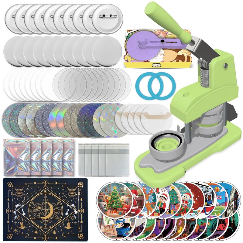 ppttoodd Green Button Maker Machine 58mm (2.25 inch), DIY Button Pin Maker Machine Comes with Free Button Parts, Circle Cutter, Cutting Board, Pattern Paper, Holographic Bags, Colored Film, and Protective Case - Image 1
