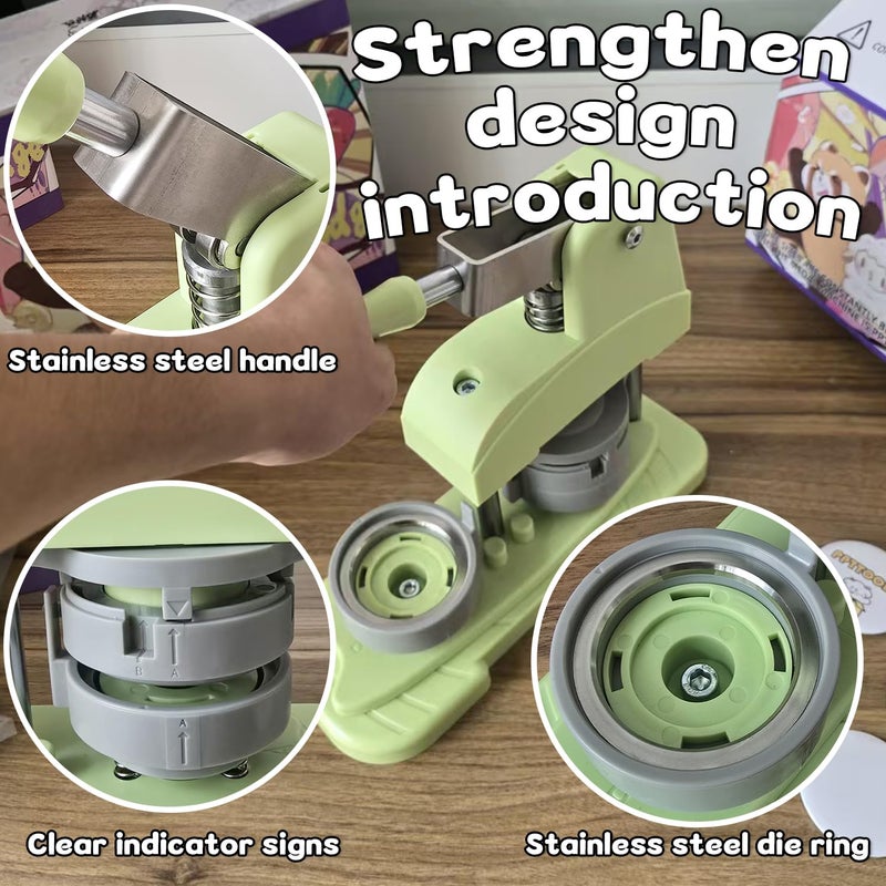 ppttoodd Green Button Maker Machine 58mm (2.25 inch), DIY Button Pin Maker Machine Comes with Free Button Parts, Circle Cutter, Cutting Board, Pattern Paper, Holographic Bags, Colored Film, and Protective Case - Image 4