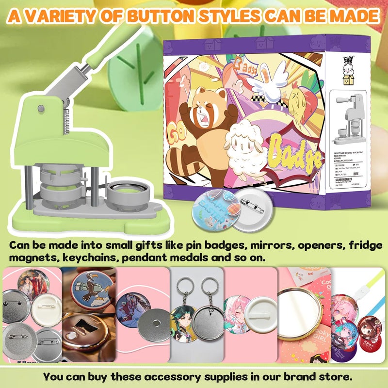ppttoodd Green Button Maker Machine 58mm (2.25 inch), DIY Button Pin Maker Machine Comes with Free Button Parts, Circle Cutter, Cutting Board, Pattern Paper, Holographic Bags, Colored Film, and Protective Case - Image 3