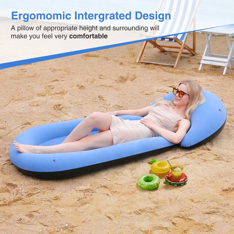 ROUSKY Inflatable Beach Mat, 70 x 29 Inch, Flocked Surface, Pillow Surround (Blue) - Image 2