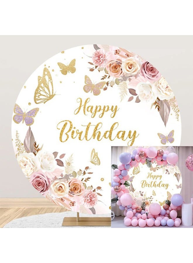 Leyiyi 7.2x7.2ft Boho Happy Birthday Butterfly Party Round Backdrop Cover 3D Flower White and Pink Rose Gold Glitter Photo Background Girls Butterfly Birthday Party Decorations Sweet Cake Table Banner - Image 1