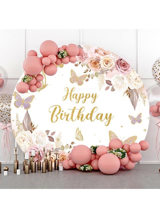 Leyiyi 7.2x7.2ft Boho Happy Birthday Butterfly Party Round Backdrop Cover 3D Flower White and Pink Rose Gold Glitter Photo Background Girls Butterfly Birthday Party Decorations Sweet Cake Table Banner - Image 2