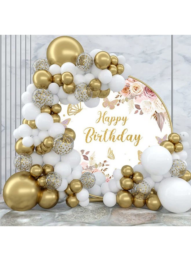 Leyiyi 7.2x7.2ft Boho Happy Birthday Butterfly Party Round Backdrop Cover 3D Flower White and Pink Rose Gold Glitter Photo Background Girls Butterfly Birthday Party Decorations Sweet Cake Table Banner - Image 3