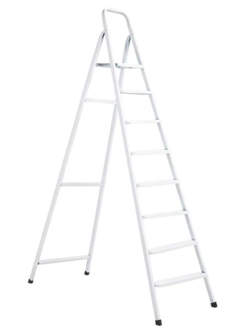 Robustline Heavy Duty Steel Ladder, Ultra Stable Folding Ladder. (8 Step, White) - Image 1
