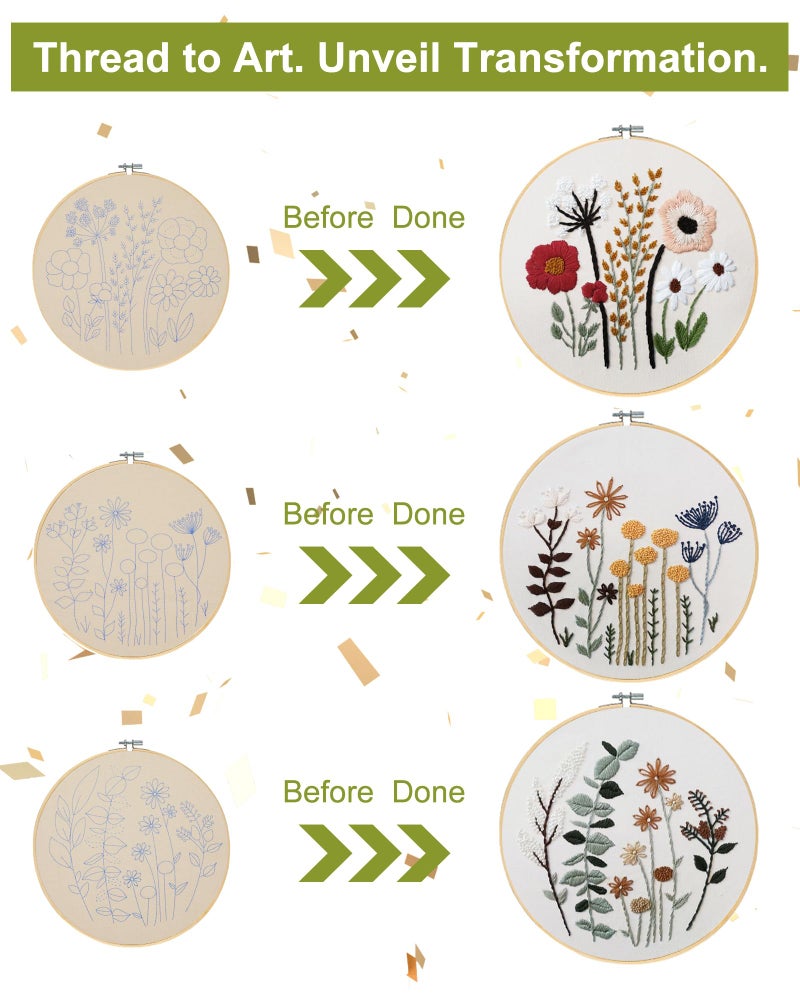 Santune 3 Sets Embroidery Kit,Cross Stitch Kits for Beginners,Needlepoint Kits for Adults with Easy Floral Pattern Hand Crafts,Hoop,Needle,Mothers Day Gifts - Image 3
