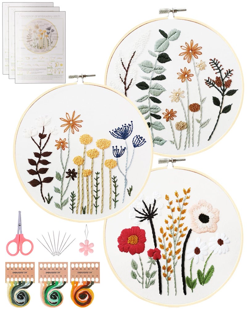 Santune 3 Sets Embroidery Kit,Cross Stitch Kits for Beginners,Needlepoint Kits for Adults with Easy Floral Pattern Hand Crafts,Hoop,Needle,Mothers Day Gifts - Image 1