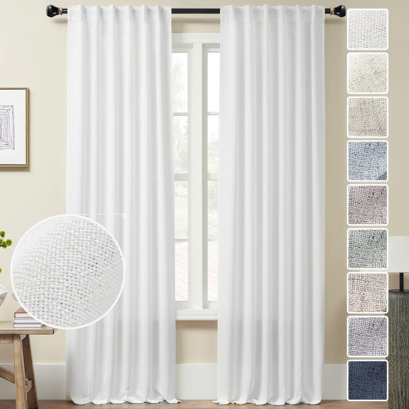 MEETBILY White Linen Back Tab Curtains 108 Inches Long 2 Panels for Living Room Farmhouse Boho Light Filtering Extra Long Semi Sheer Linen Curtains 108 Inch Length Modern Aesthetic Elegant Window Drapes 9Ft - Image 1