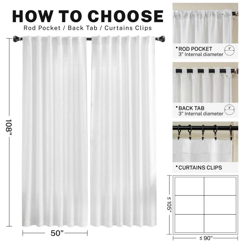 MEETBILY White Linen Back Tab Curtains 108 Inches Long 2 Panels for Living Room Farmhouse Boho Light Filtering Extra Long Semi Sheer Linen Curtains 108 Inch Length Modern Aesthetic Elegant Window Drapes 9Ft - Image 3