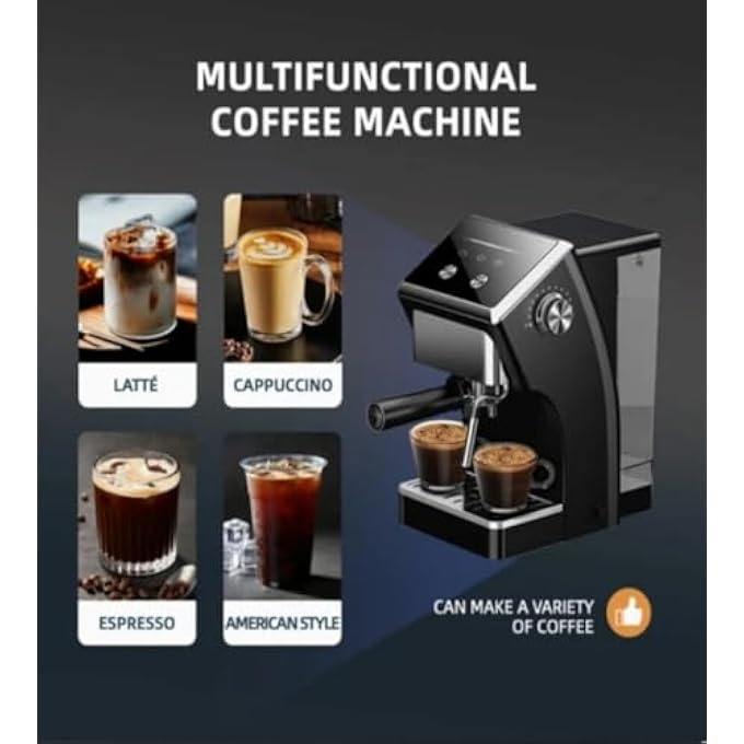 DISNIE 20Bar Espresso Machine With Milk Frother  SemiAutomatic Coffee Maker For Home 2Cup Brewing Removable Water Tank  Drip Tray  Compact Black Coffee Machine 1500W - Image 4