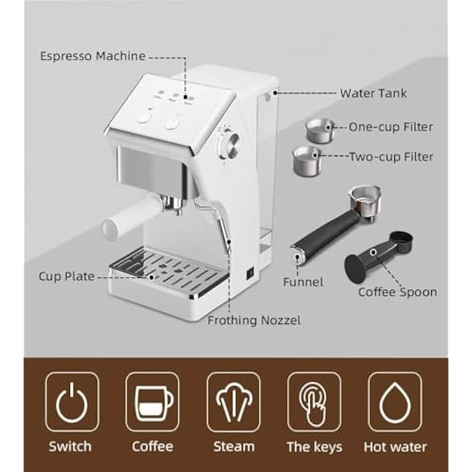 DISNIE 20Bar Espresso Machine With Milk Frother  SemiAutomatic Coffee Maker For Home 2Cup Brewing Removable Water Tank  Drip Tray  Compact Black Coffee Machine 1500W - Image 5