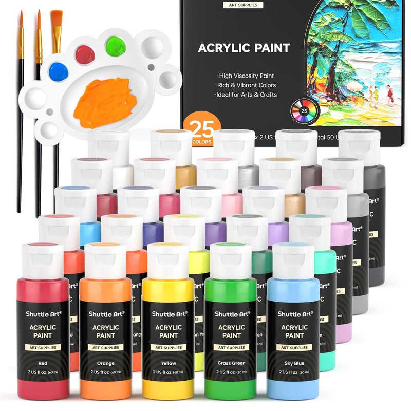 Shuttle Art Acrylic Paint, 25 Colors Acrylic Paint Set, 2oz/60ml Bottles, Rich Pigments Paint for Artists, Beginners and Kids on Canvas Rocks Wood Ceramic Fabric - Image 1