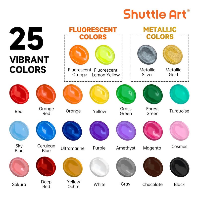 Shuttle Art Acrylic Paint, 25 Colors Acrylic Paint Set, 2oz/60ml Bottles, Rich Pigments Paint for Artists, Beginners and Kids on Canvas Rocks Wood Ceramic Fabric - Image 4