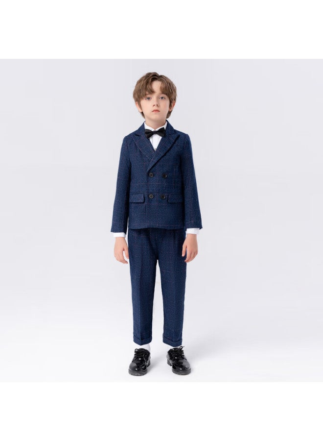 Luobobeibei Children's Suit Plaid Boys Formal Suit Set For Piano Performance And Hosting, Navy Blue Four-piece Set, Size 110 - Image 2