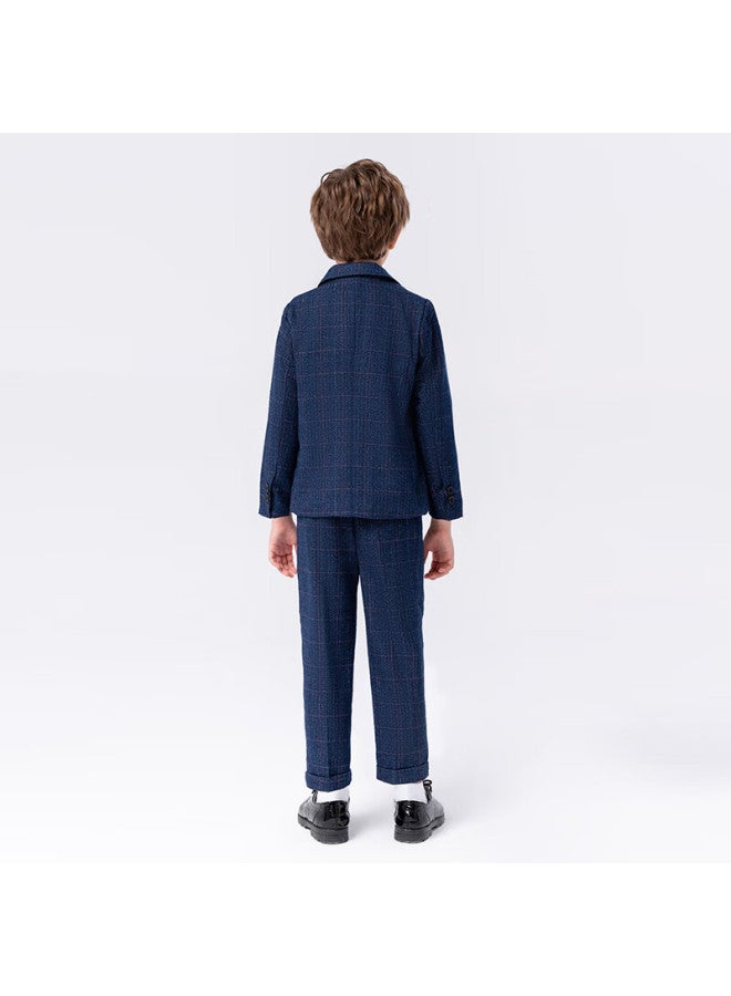 Luobobeibei Children's Suit Plaid Boys Formal Suit Set For Piano Performance And Hosting, Navy Blue Four-piece Set, Size 110 - Image 5