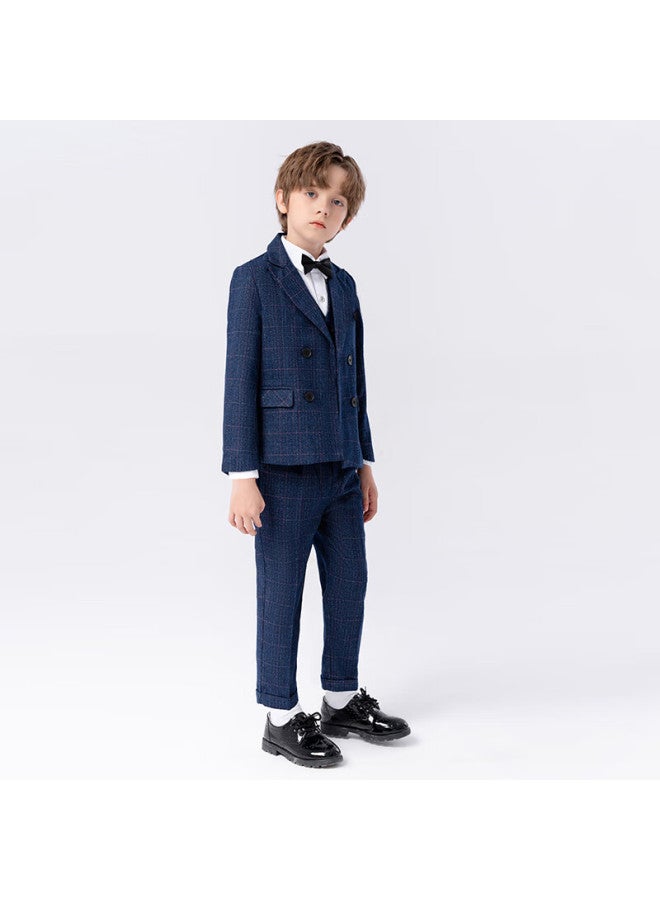 Luobobeibei Children's Suit Plaid Boys Formal Suit Set For Piano Performance And Hosting, Navy Blue Four-piece Set, Size 110 - Image 4