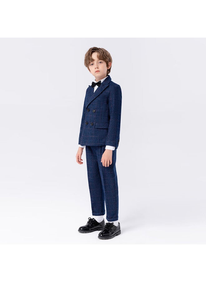 Luobobeibei Children's Suit Plaid Boys Formal Suit Set For Piano Performance And Hosting, Navy Blue Four-piece Set, Size 110 - Image 3