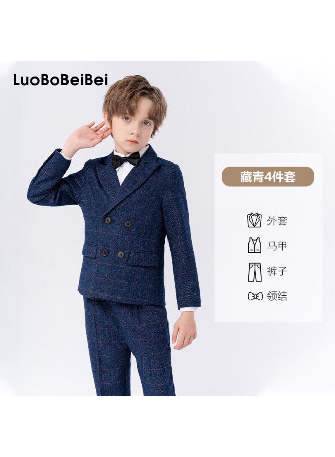 Luobobeibei Children's Suit Plaid Boys Formal Suit Set For Piano Performance And Hosting, Navy Blue Four-piece Set, Size 110 - Image 1