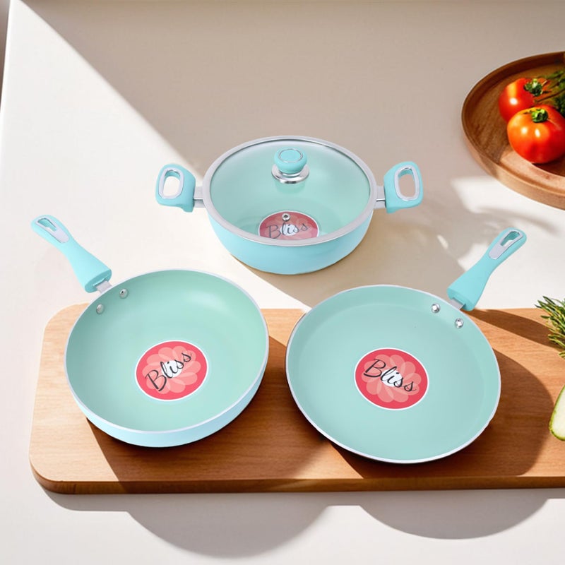 The Better Home مجموعة أواني الطهي غير اللاصقة من ذا بيتر هوم (طاوة - 26 سم، مقلاة - 24 سم، كاداي مع غطاء - 24 سم) | مجموعة مقالي غير لاصقة | أواني الطهي للغاز والحث | أدوات الطهي للمطبخ | سمك 2.8 مم (أزرق) - Image 2