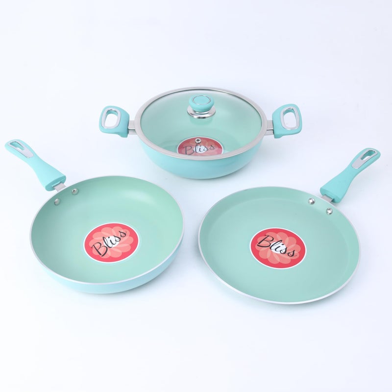 The Better Home مجموعة أواني الطهي غير اللاصقة من ذا بيتر هوم (طاوة - 26 سم، مقلاة - 24 سم، كاداي مع غطاء - 24 سم) | مجموعة مقالي غير لاصقة | أواني الطهي للغاز والحث | أدوات الطهي للمطبخ | سمك 2.8 مم (أزرق) - Image 1